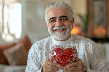 A big diamond heart in hands is a gift. Happy face middle eastern old man and cute valentine's day greeting. Love letter. Sentimental card. Romantic scenery. Warm hugs. February 14. Red he.