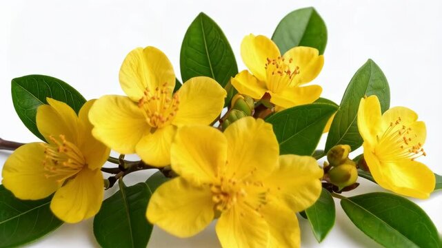 Close up of several vibrant yellow Hypericum flowers with dark green leaves arranged on a white background, studio shot, botanical composition