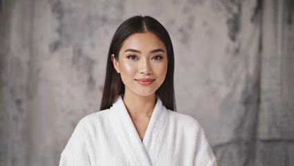A woman in a bathrobe poses for a photo shoot, relaxed and comfortable