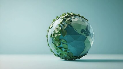 Environmental conservation, eco friendly and sustainable concept. A geometric, low-poly model of Earth with green leaves circling the globe, symbolizing nature and environmental care. - Powered by Adobe