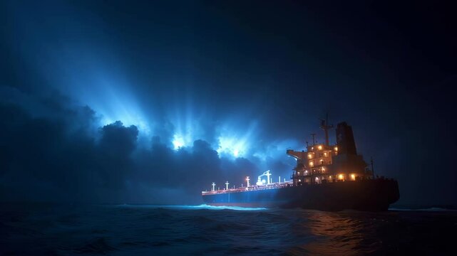 A dramatic nighttime scene of a ship illuminated by the glow of its onboard supercapacitor system with energy pulses visibly emanating as it prepares to launch demonstrating high efficiency