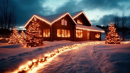 A picturesque house adorned with warm, twinkling lights in a snowy landscape, creating a cozy and inviting atmosphere for winter celebrations and gatherings.