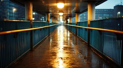 Fototapeta premium A moody walkway illuminated by glowing lights on a rain-soaked evening, evoking feelings of nostalgia and loneliness, capturing the beauty of urban life in atmospheric conditions.