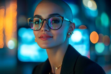 Concept art of female computer techie, computer technologies. A smiling widely young woman with tt hair wearing in a power suit looks at the monitor. Background is a dark room with nodes.