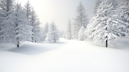 A tranquil winter landscape featuring snow-covered pine trees creates a peaceful atmosphere that embodies the stillness and beauty of nature during the winter season.