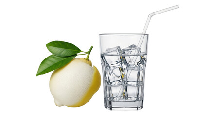 Isolated Lemon and a Glass of Water with Ice and Straw