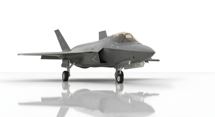 F-35 stealth fighter jet on seamless white background with glossy reflection.