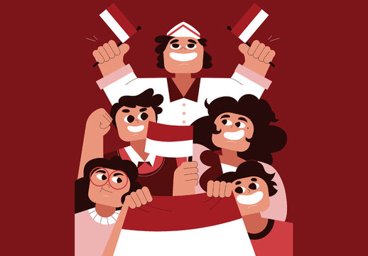 Red Flat 17th August Indonesian Independence Day Full Set Illustration