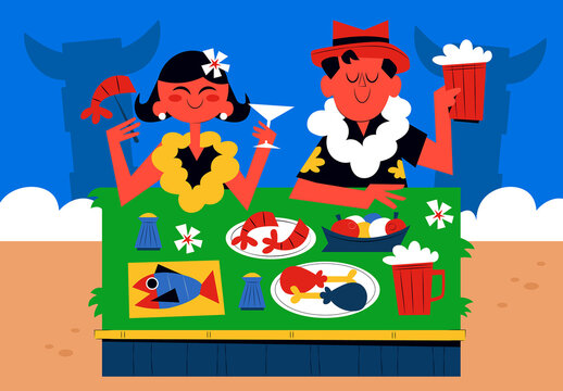 Navy Mid Century Tiki Party Full Set Illustration