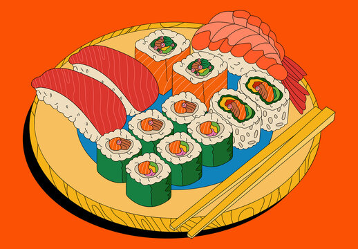Red Flat Sushi Platter Full Set Illustration