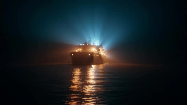 A dramatic nighttime scene of a ship illuminated by the glow of its onboard supercapacitor system with energy pulses visibly emanating as it prepares to launch demonstrating high efficiency