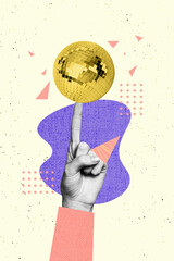 Sketch design trend artwork poster 3D photo collage of hand gesture finger point up hold discoball...