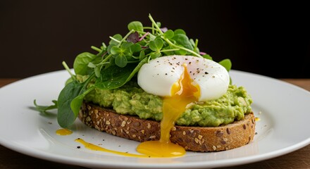 Indulge in this vibrant avocado toast topped with a perfectly poached egg, drizzled with golden yolk, and garnished with fresh microgreens and spinach for a delightful culinary experience.