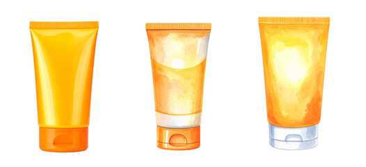 Three vibrant yellow cosmetic tubes arranged in a row, ideal for beauty product displays.