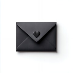 A black envelope with a heart on it sits on a white background. The heart is red and black