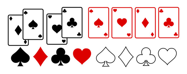 Playing Card Symbols. Isolated on white background, Card aces vector, diamonds, spades, hearts, clubs. aces of all four suits, Playing poker concept. Playing cards icon set, Gambling, Poker vector