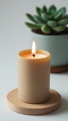 Beige candle burning bright on wooden coaster with succulent plant