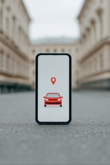 A smartphone displaying a red car icon with a location pin, set against a blurred urban backdrop.