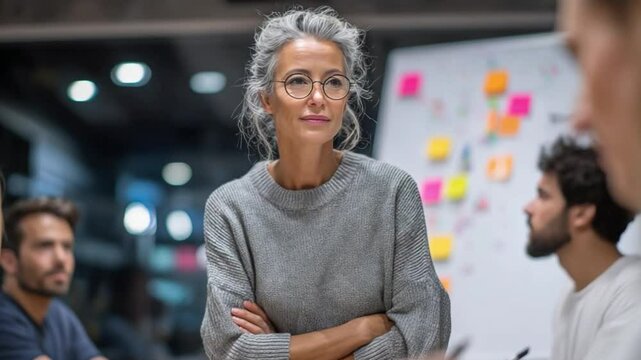 Business Visionary: A focused executive with silver hair and glasses exudes confidence as she oversees a collaborative business meeting.