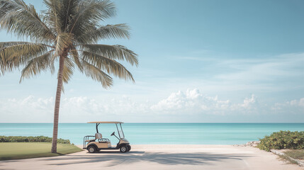 Tropical Beachside Golf Cart Under Palm Tree