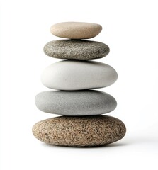 Stacked stones of varying colors and textures on white background
