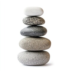 Stacked smooth stones, various shades of gray and white, balanced atop each other, isolated on a pure white background