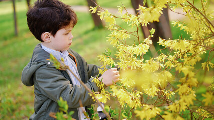 child exploring nature with curiosity, gentle touch on vibrant yellow flowers in sunshine. outdoor...