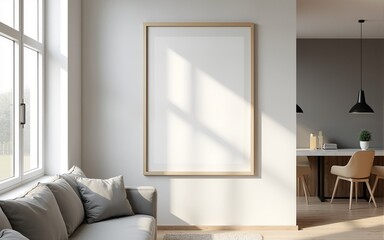 Frame mockup, ISO A paper size. Living room wall poster mockup. Interior mockup with house background. Modern interior design. 3D render. High quality