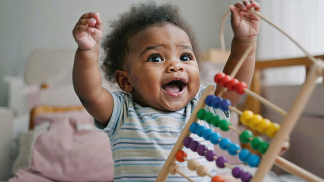 A young child is engaged in mathematical play with an abacus, great for education and learning concepts images