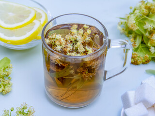 Lime blossom tea in a glass cup with fresh blossoms on a blue background