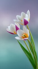 Delicate White and Purple Tulips with Dew Drops in Soft Focus