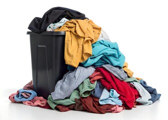 Pile of dirty laundry overflowing from a black bin on a white background showcasing various colors and fabrics with a cluttered appearance
