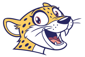 Cartoon cheetah head showing fangs and happy face has a bold stroke outline