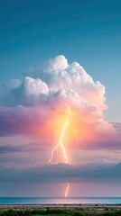 Dramatic Lightning Storm Over Ocean at Sunset
