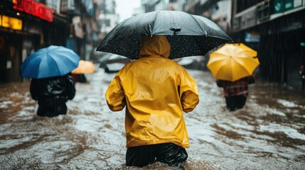 Captured in the rain, this image shows individuals braving flooded streets with umbrellas, conveying resilience and the impact of extreme weather on urban life.