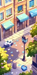 Colorful Street Scene with Papers, Car, and Lush Greenery in Urban Setting