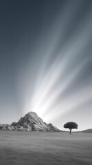 Dramatic Monochrome Landscape with Light Streaks and Solitary Tree