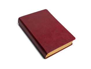 A thick vintage book with a red leather cover and golden-edged pages is placed horizontally on a...