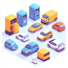 Colorful Vehicles and Parking Meters in an Isometric Cityscape