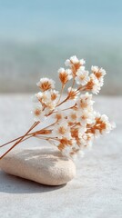 Dried White Flowers and Beige Stone on Sandy Beach