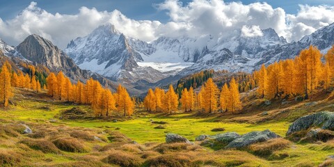 Autumnal alpine valley with vibrant larch trees and snow-capped peaks