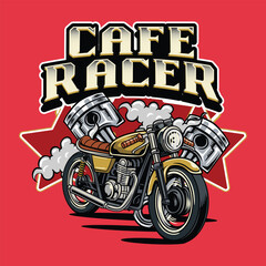 Classic yellow cafe racer motorcycle with steam pistons and bold vintage typography on a red background