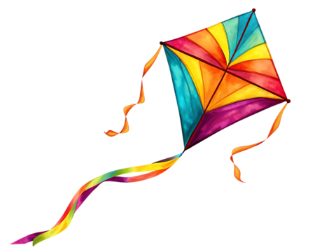 colorful kite flying with waving ribbons isolated on white background PNG ,ai generated