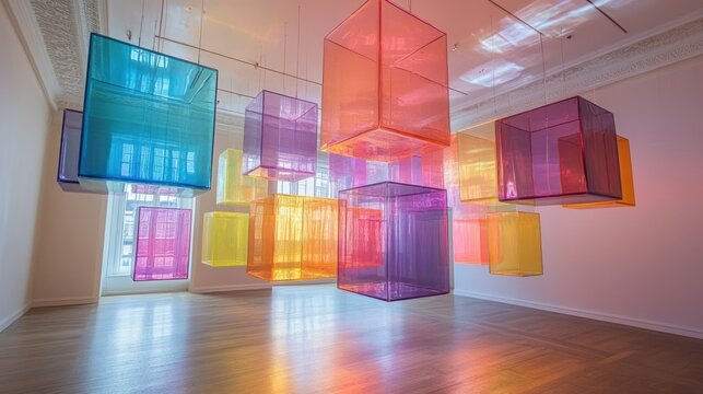 Colorful translucent cubes hang in gallery, sunlight streams through windows