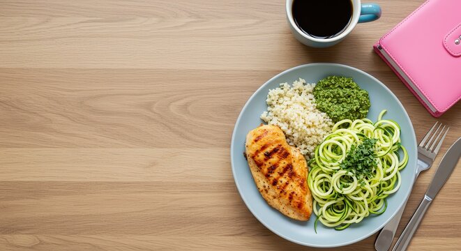 Grilled Chicken with Spiralized Zucchini, Couscous, and Green Sauce on Wooden Table with Coffee and Notebook - Powered by Adobe