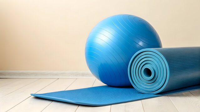 Yoga mat and exercise ball positioned in a bright indoor space - Powered by Adobe