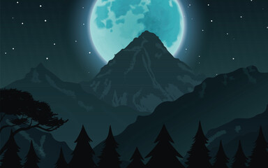 Obraz premium A serene moonlit mountain landscape featuring a large, glowing blue moon illuminating dark peaks and a forest of pine trees under a starry night sky. Evokes mystery and tranquility.