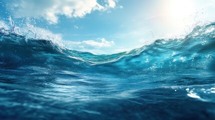 A stunning view of ocean waves crashing against the shore under a bright and vibrant sky, showcasing the beauty of nature's movement and serenity at sea.