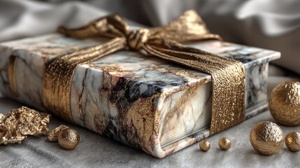 Elegant Marble Gift Box with Gold Ribbon and Ornaments