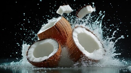 A captivating image of coconuts splashing into water, evoking feelings of tropical delight and freshness, showcasing nature's vibrant energy and playful essence.